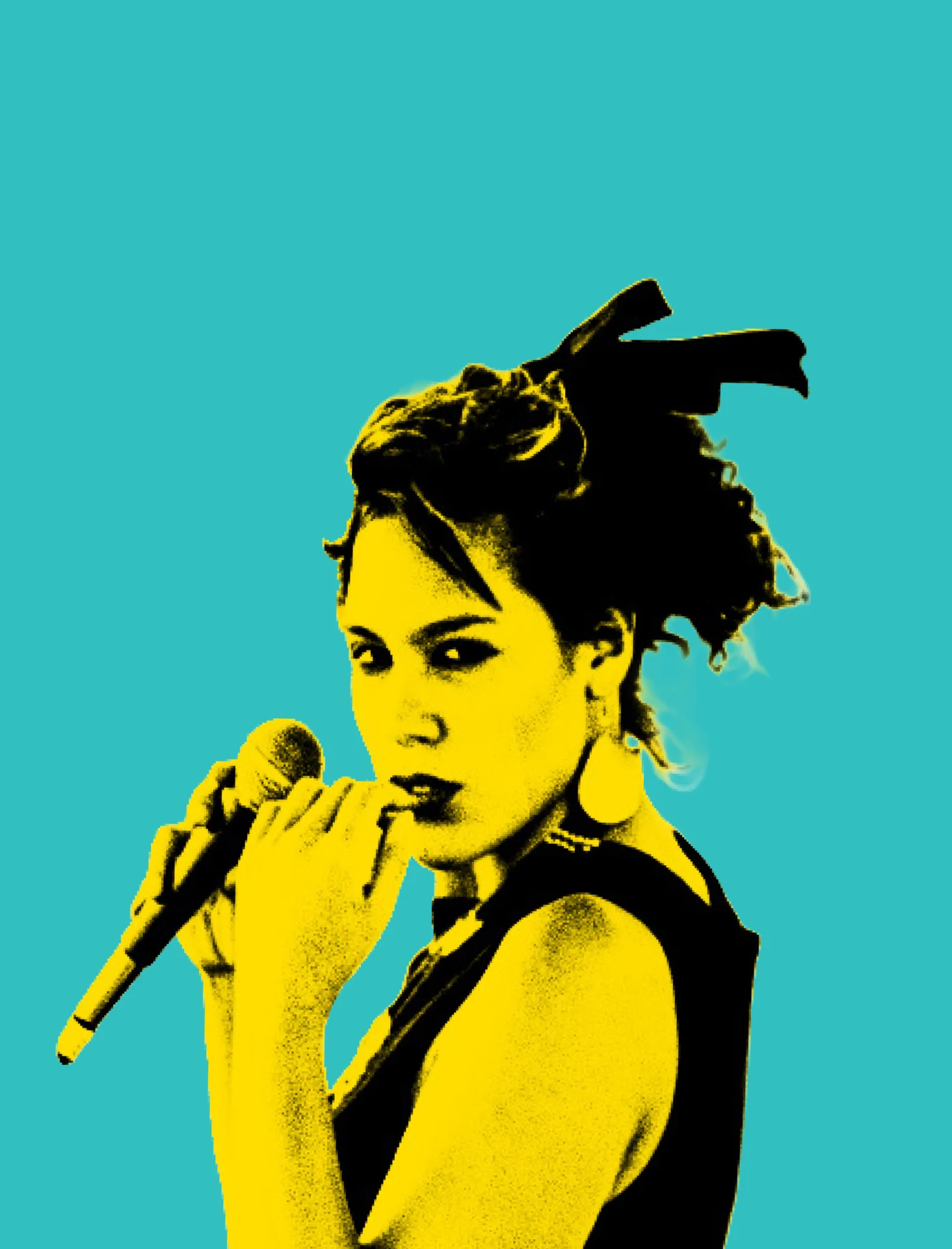 A stylized yellow and black portrait of a woman holding a microphone, set against a teal background. She has curly hair tied with a ribbon and wears large earrings, looking intently toward the camera.
