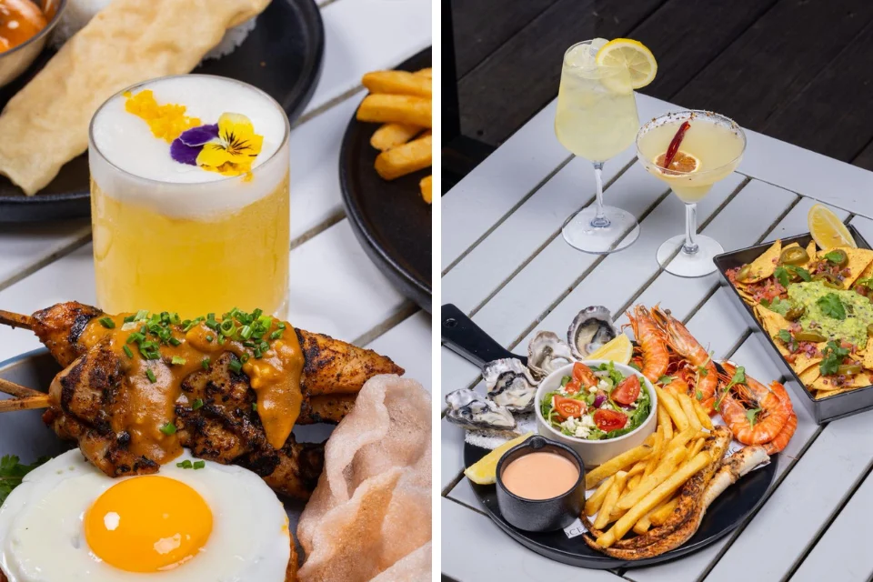 A split image showing grilled skewers, fries, a sunny-side-up egg, and a foamy drink on the left; seafood, fries, guacamole, oysters, and two cocktails on a white table on the right.