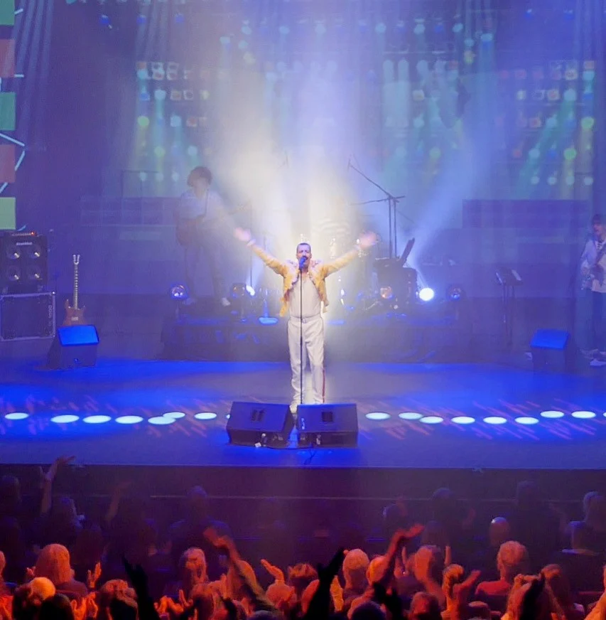 A singer stands center stage with arms raised, bathed in bright spotlight, while a band plays behind. The audience is visible in the dark foreground.