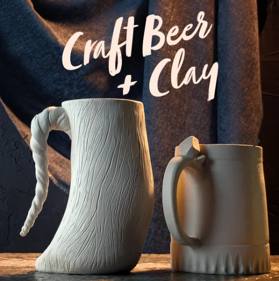 Two handmade ceramic beer mugs are displayed side by side; one shaped like a textured animal horn, the other like a classic mug. Craft Beer + Clay is written above in bold, stylized text.