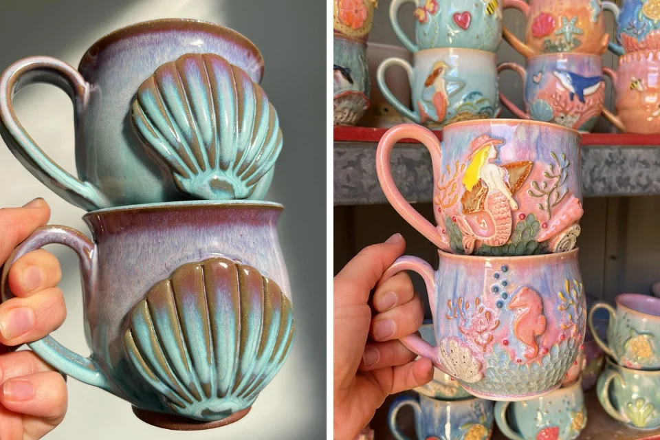 Two photos of handmade ceramic mugs: the left shows two stacked mugs with large shell designs, the right shows two mugs with colorful sea life, including seahorses, starfish, and coral, held in front of a shelf of similar mugs.