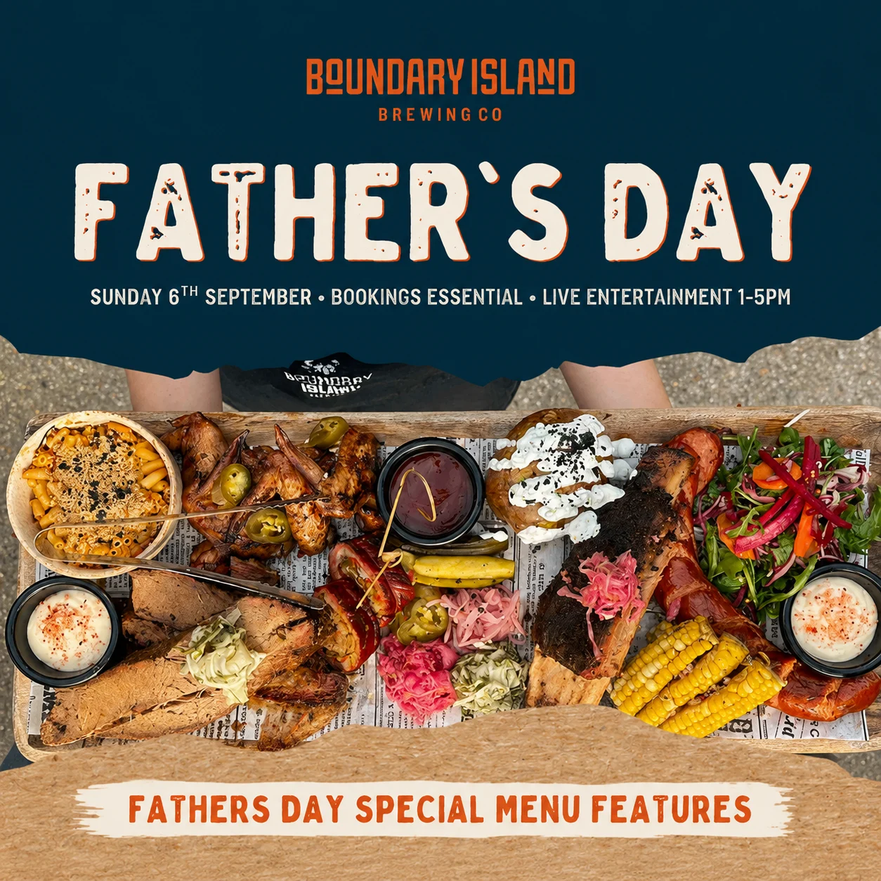 A Fathers Day promo for Boundary Island Brewing Co features a table with a platter of meats, corn, pickles, and bread. Text details the event on September 6, with live entertainment and special menu features.