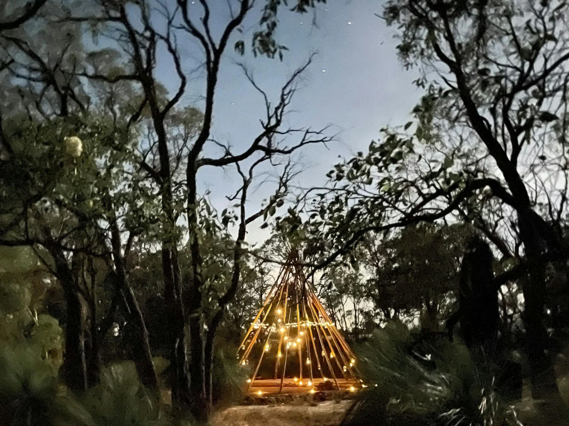 We take the skin off our tipi over the summer months…. She’s covered in solar lighting here. 