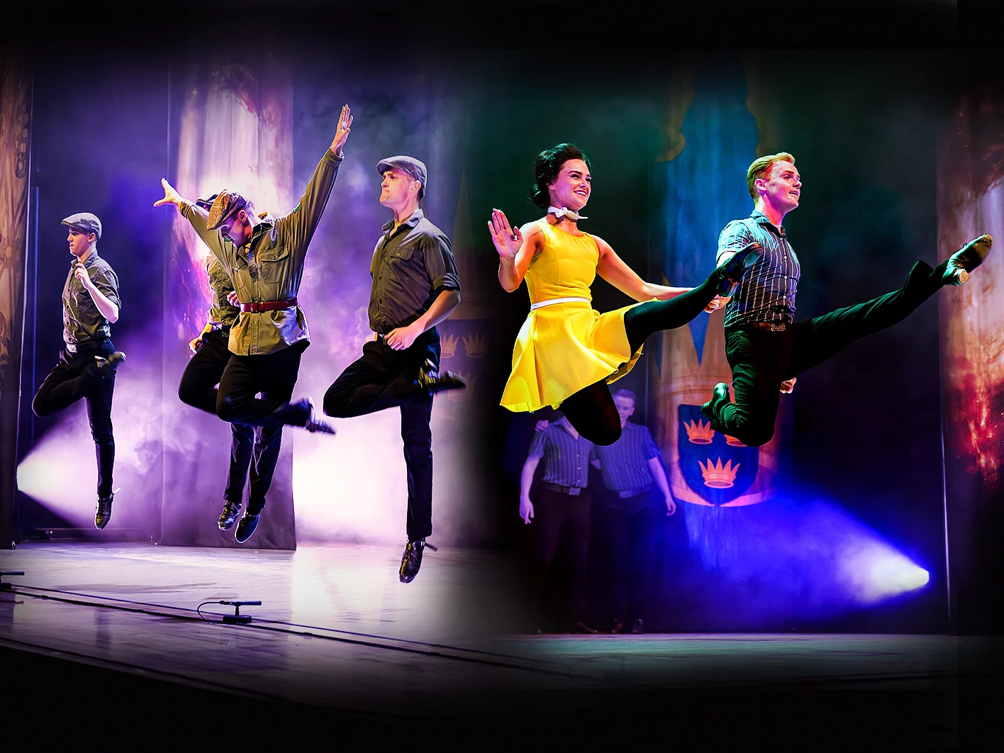 Four dancers leap mid-air on stage, two men in hats and shirts on the left, a woman in a yellow dress and a man in dark clothes on the right, with colorful stage lighting and a dramatic backdrop.