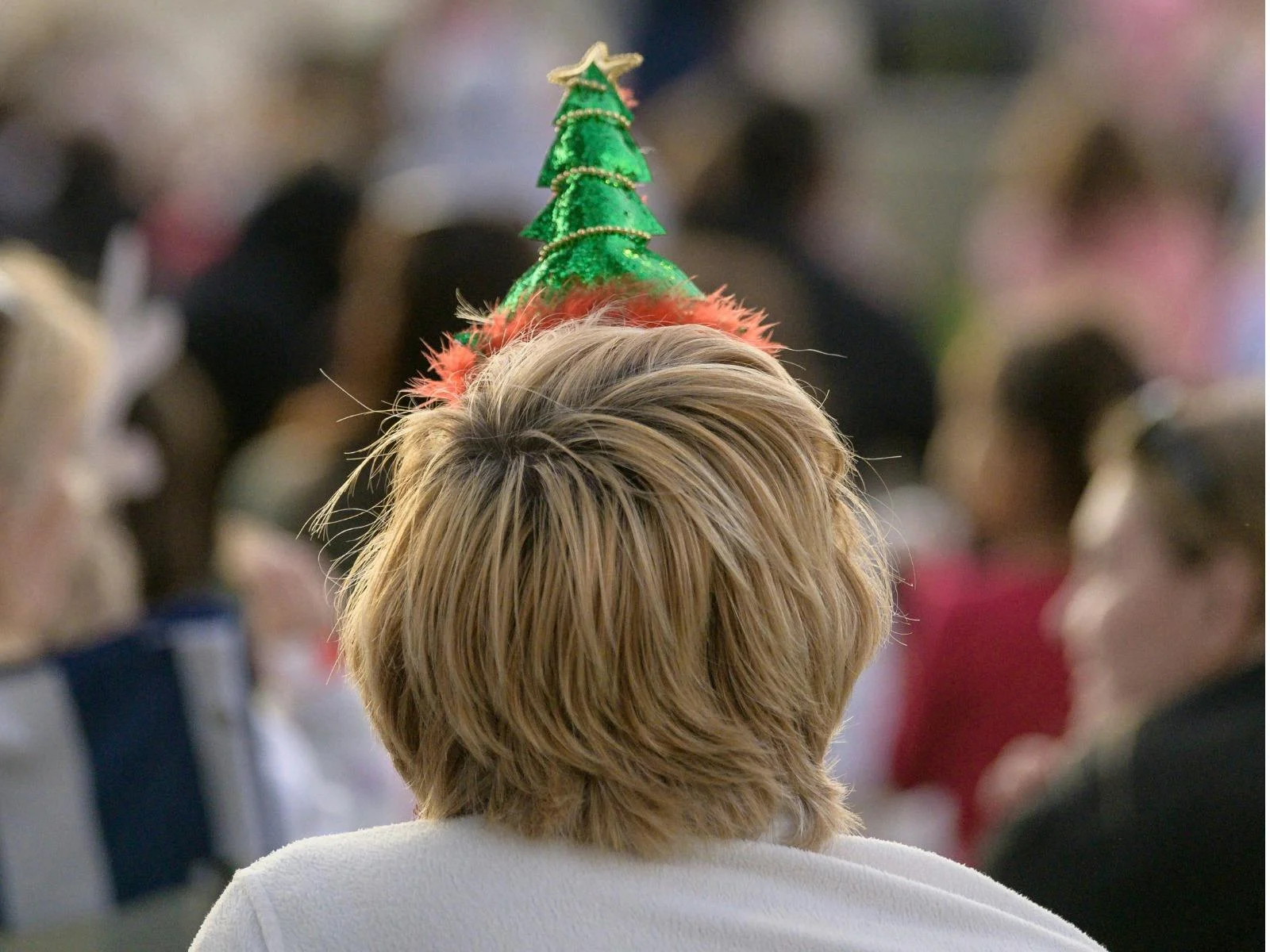 Child wearing Christmas Tree hat