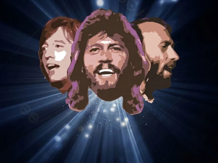 Illustrated portraits of three Bee Gees members against a dark blue background with radiating lights, promoting a live tribute to the iconic group.