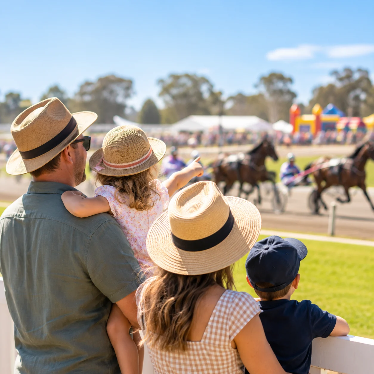 Families watch harness racing trackside on a sunny day, capturing the relaxed, family-friendly atmosphere of a day at Pinjarra Paceway.