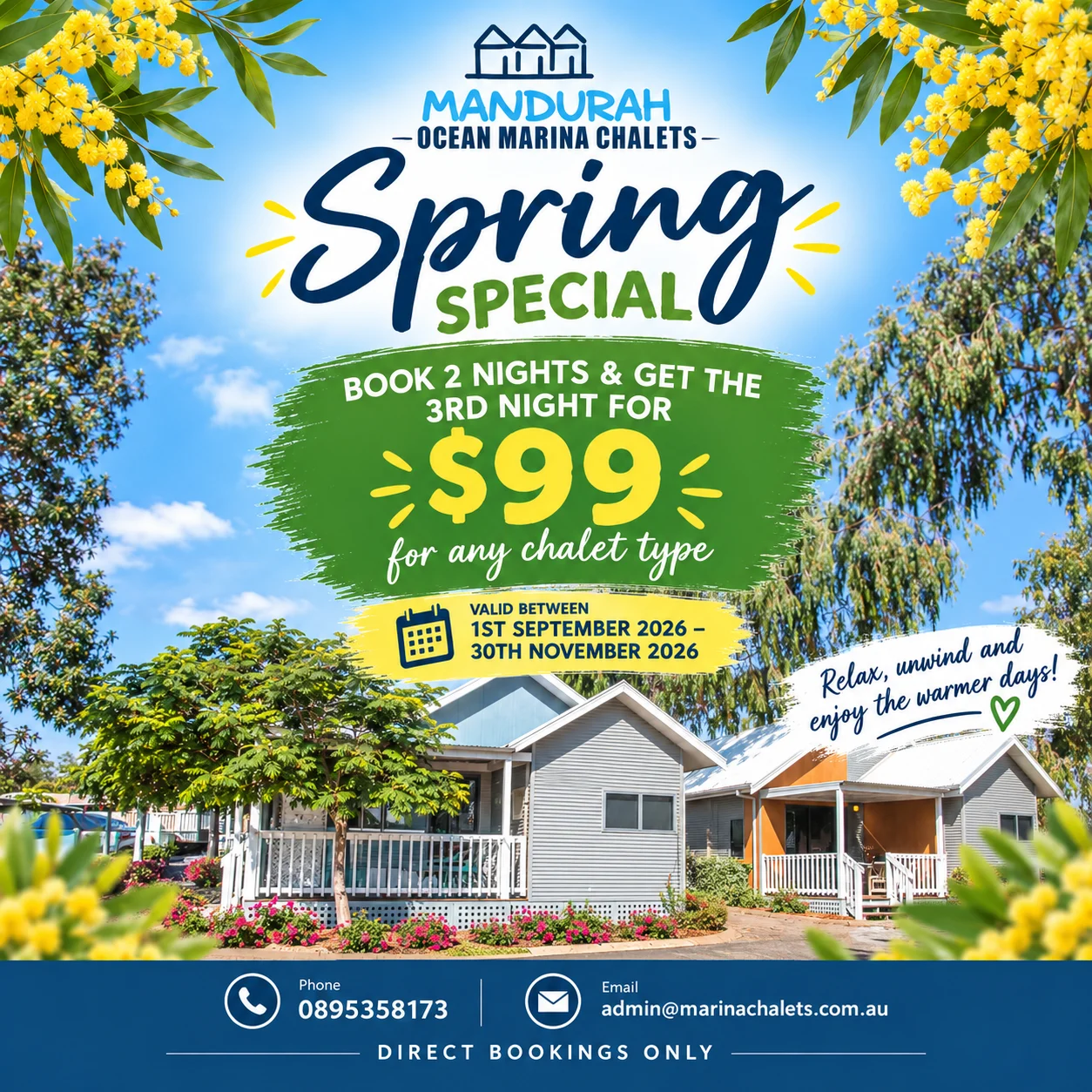 Promotional flyer for Mandurah Ocean Marina Chalets, advertising a spring special: book 2 nights, get the 3rd for $99, valid 1 Sep–30 Nov 2026, with contact details, text, and a photo of chalets surrounded by flowers.