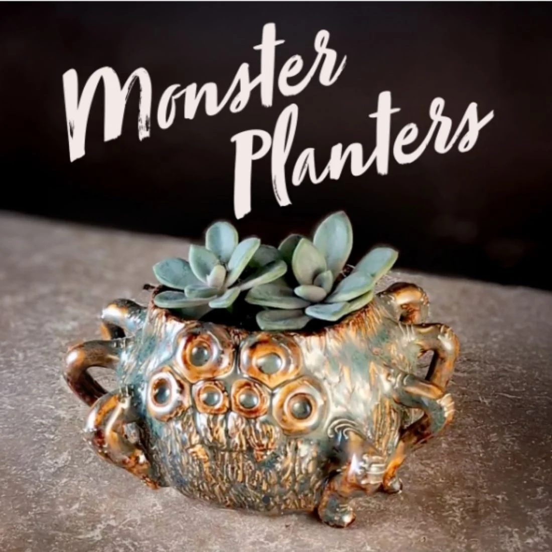 A ceramic planter shaped like a monster with multiple eyes and tentacles holds two succulent plants. The text Monster Planters is displayed above in a playful font.