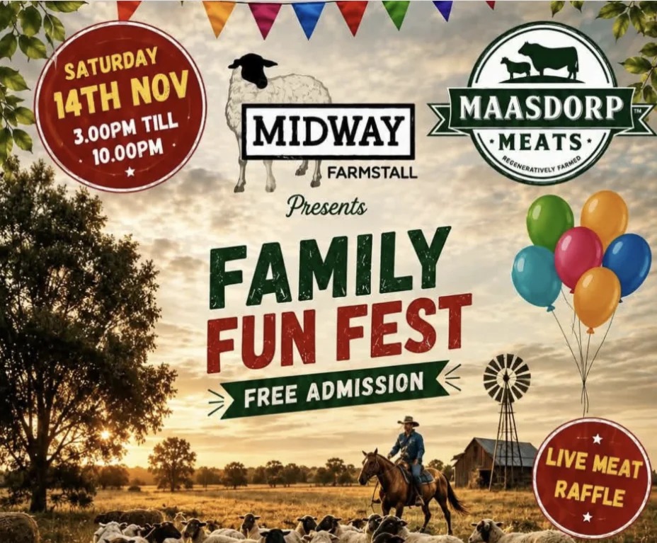 Colorful Family Fun Fest poster with event details, logos, balloons, and a scenic farm background featuring a person on horseback herding sheep. Free admission and live meat raffle are highlighted.