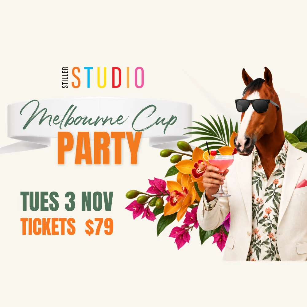 Poster for a Stiller Studio Melbourne Cup Party on Tuesday, November 3, featuring a man with a horse head wearing sunglasses and a tropical shirt, holding a cocktail. Tickets are $79.