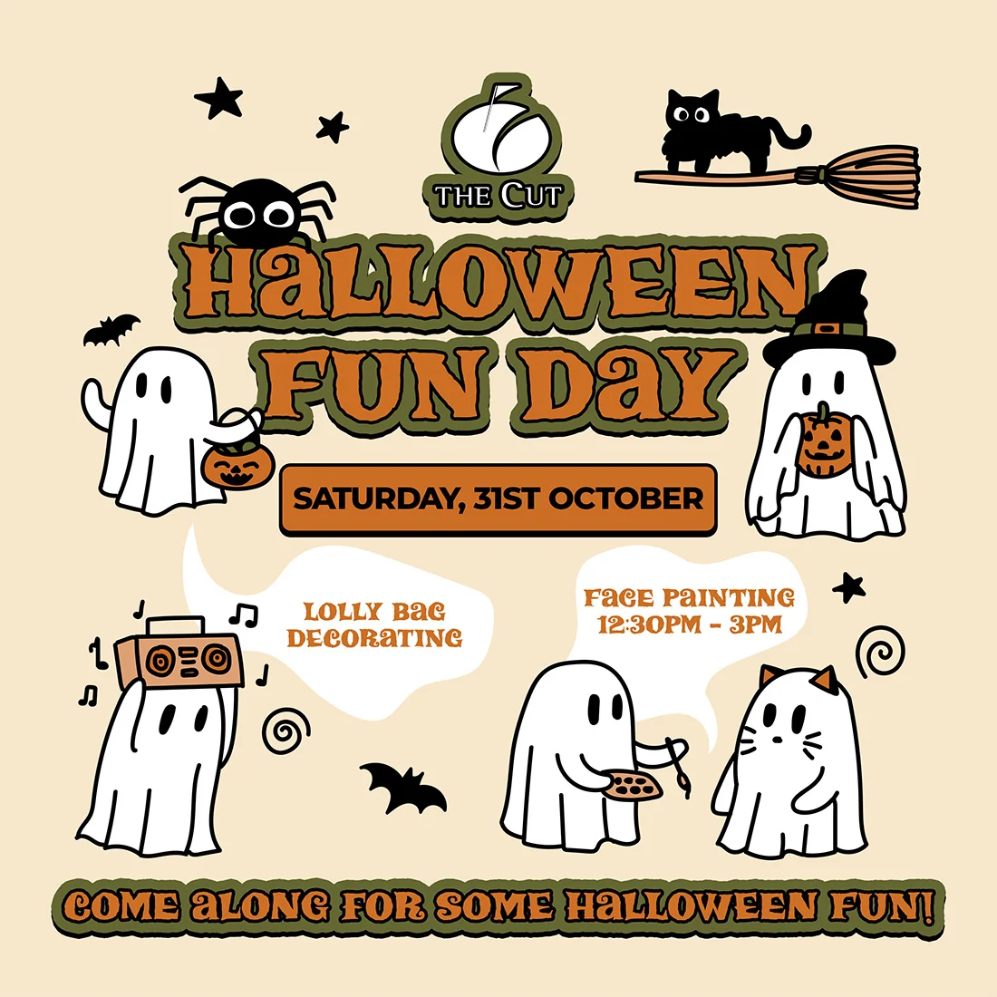 Poster for The Cut Halloween Fun Day on Saturday, 31st October, featuring activities including lolly bag decorating and face painting from 12:30pm to 3pm.