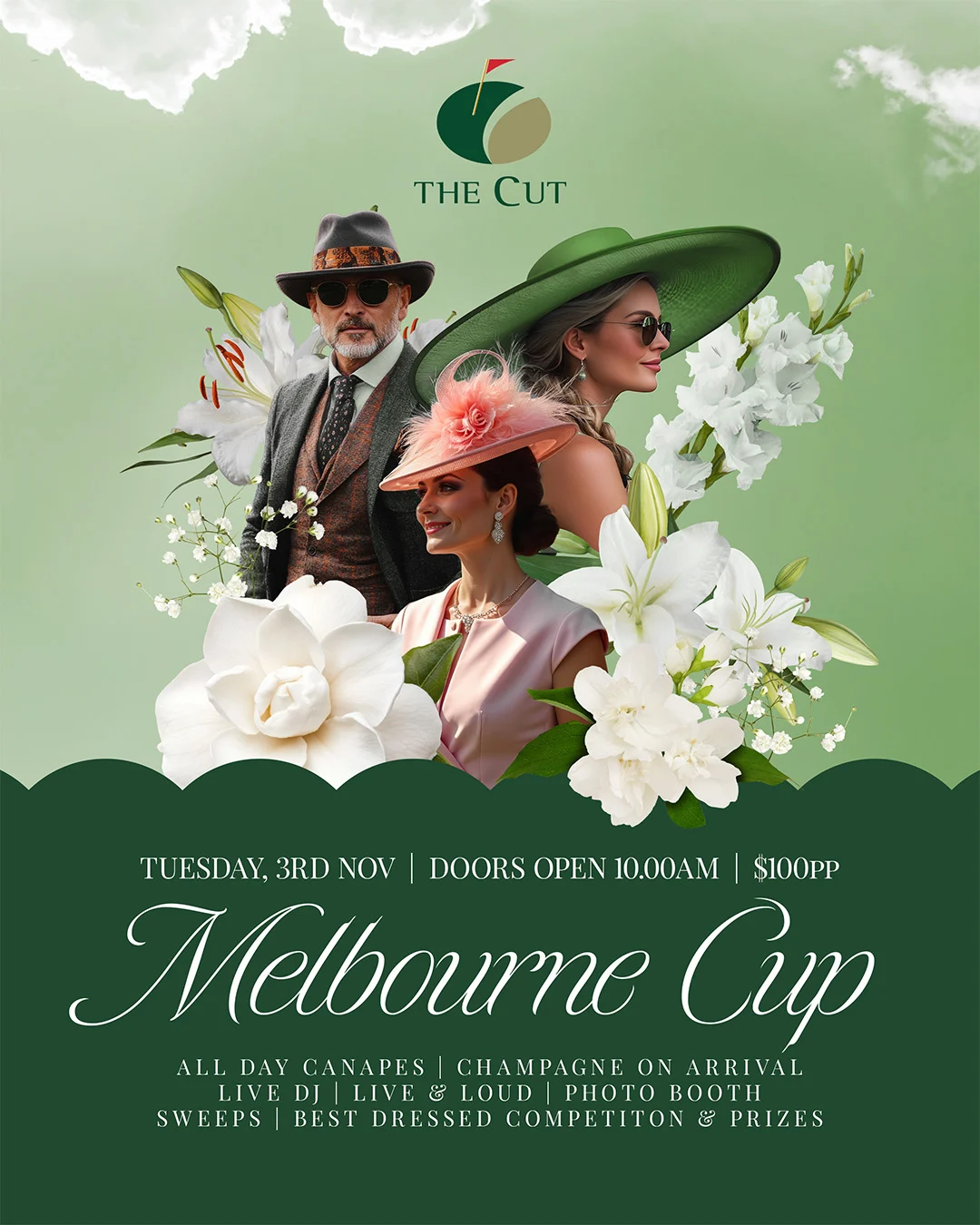 Melbourne Cup event poster featuring three formally dressed people and event details for Tuesday, November 3rd, including amenities like canapes, champagne, and a photo booth.