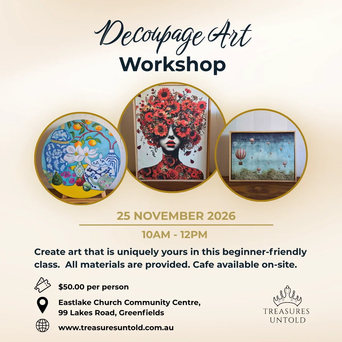 Decoupage Art Workshop on November 25, 2026, from 10 am to 12 pm at Eastlake Church Community Centre, costing $50 per person.