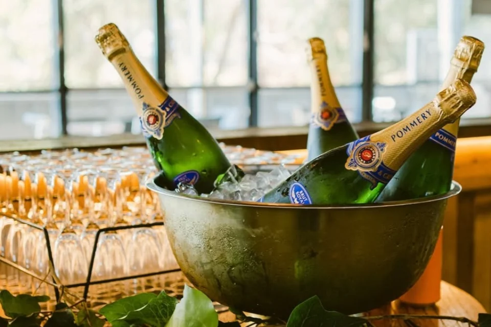 Green bottles of sparkling wine chilled in a large metal ice bucket, with several champagne bottles visible and rows of empty glasses nearby on a table.